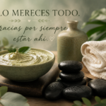 Tarjeta regalo de bienestar con caja de regalo, hojas de eucalipto y corazón decorativo sobre fondo beige.