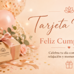 Tarjeta regalo de cumpleaños de Padmasana con un regalo envuelto, flores, vela y globos en tonos cálidos, ideal para regalar una sesión de masaje y bienestar.