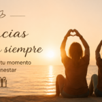Tarjeta regalo de amistad con tres personas contemplando el atardecer junto al mar y el mensaje "Gracias por estar siempre", en un diseño cálido y relajante.