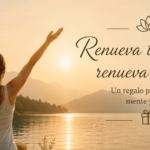 Tarjeta regalo de bienestar con una mujer contemplando el amanecer junto a un lago y el mensaje "Renueva tu energía, renueva tu vida".