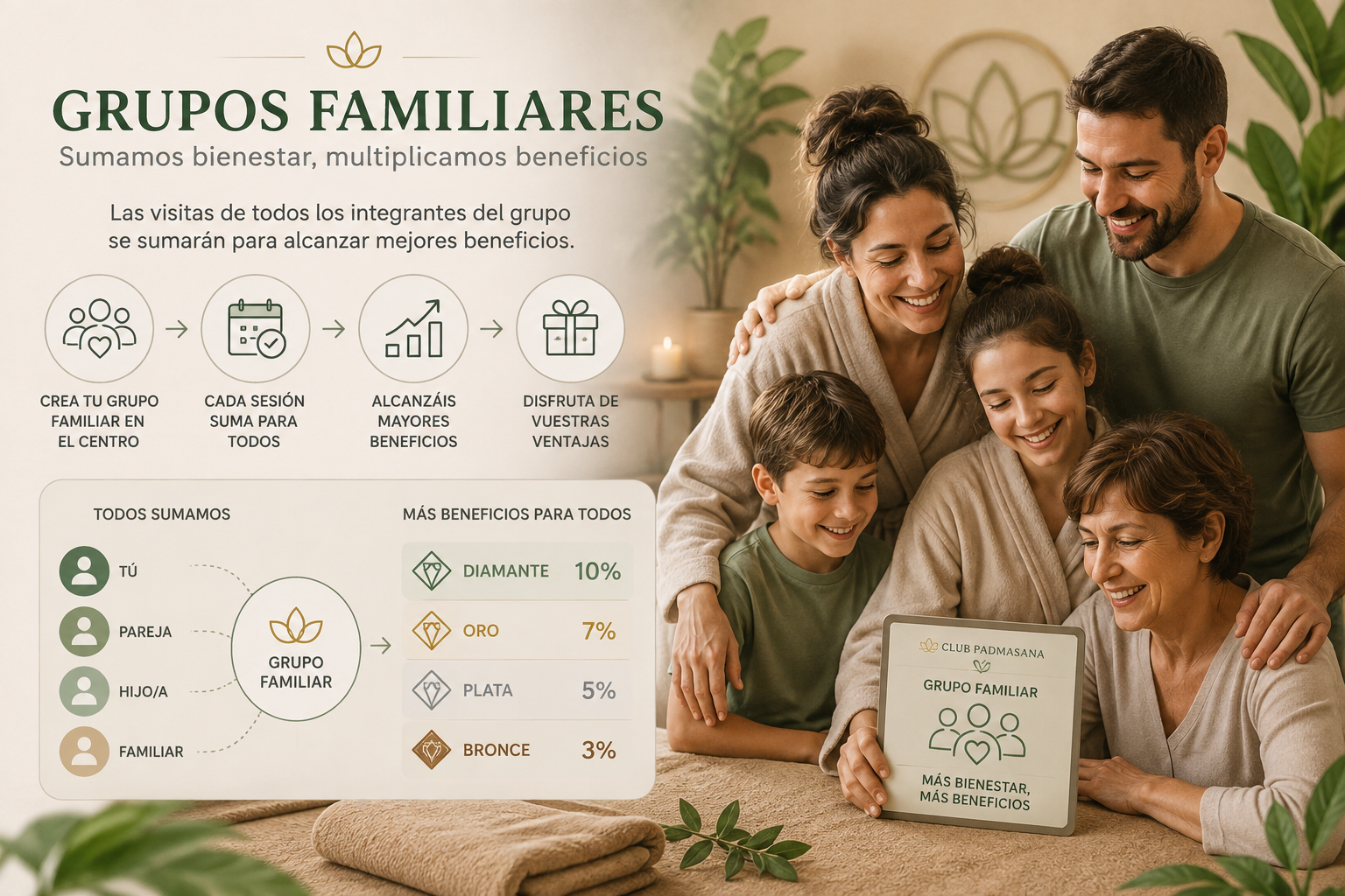 Infografía del Club Padmasana sobre los grupos familiares, donde las visitas de todos los integrantes se suman para alcanzar descuentos permanentes de entre el 3 % y el 10 % según la frecuencia de asistencia.