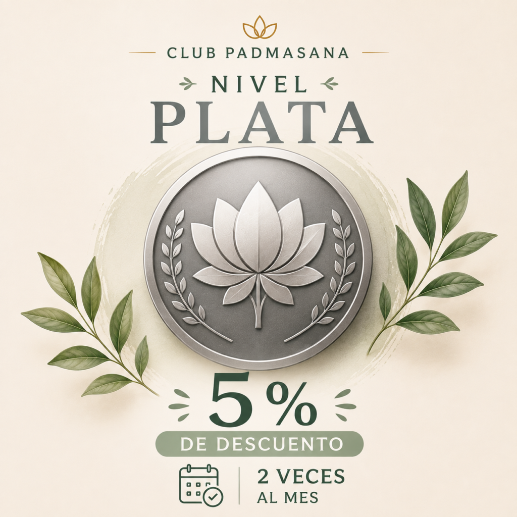 Insignia del Nivel Plata del Club Padmasana con un 5 % de descuento para quienes mantienen una frecuencia de dos sesiones al mes.