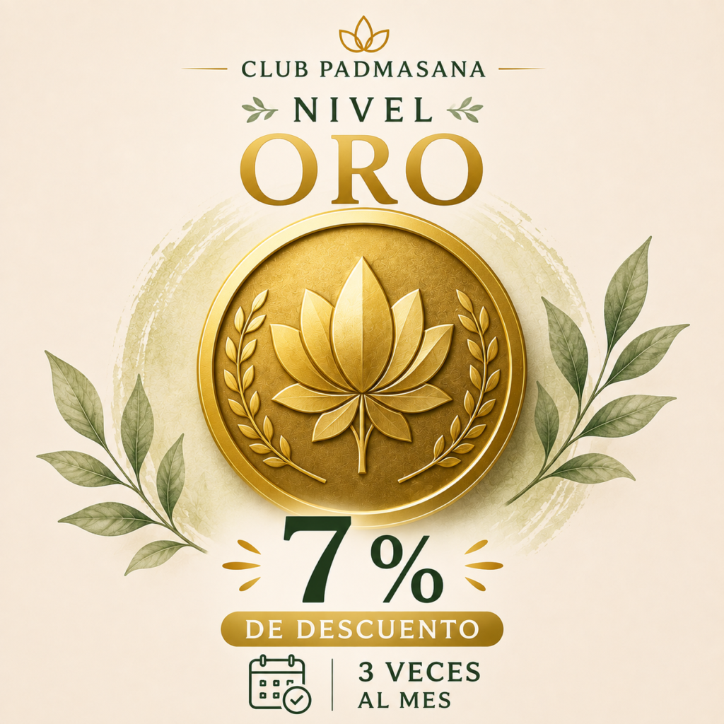 Insignia del Nivel Oro del Club Padmasana con un 7 % de descuento para quienes mantienen una frecuencia de tres sesiones al mes.
