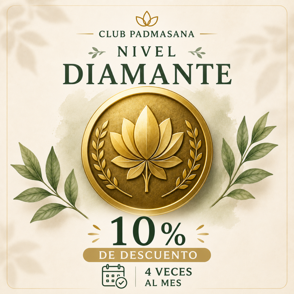 Insignia del Nivel Diamante del Club Padmasana con un 10 % de descuento para quienes mantienen una frecuencia de cuatro sesiones al mes.