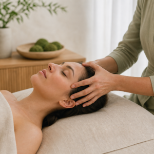 Escena de un masaje craneo facial: un terapeuta aplicando movimientos precisos en el rostro para mejorar la circulación, tonificar los músculos y liverar tension.
