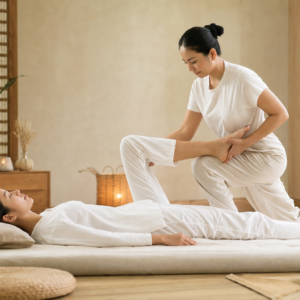 Escena de un masaje tailandés: un terapeuta utilizando manos, codos y pies para aplicar presiones y realizar estiramientos en un tratamiento diseñado para desbloquear energía, aliviar el estrés y mejorar la flexibilidad.