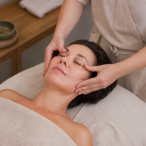 Escena de un masaje facial Kobido: un terapeuta aplicando movimientos precisos en el rostro para mejorar la circulación, tonificar los músculos y prevenir arrugas.