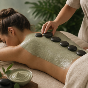 Escena de un tratamiento Ritual Volcánico: exfoliación con partículas minerales volcánicas, envoltura de fango volcánico y un masaje relajante con piedras volcánicas calientes y emulsión de aloe, en un entorno que evoca calma y conexión con la naturaleza.