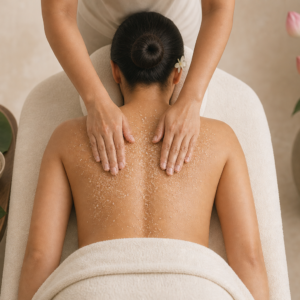 Escena del Ritual Samsara: exfoliación con sal rosa del Himalaya y aceite de kukui, infusión floral de jazmín, flor de loto y rosa, masaje relajante con aceite de kukui y avellana, y envoltura hidratante de jazmín y caléndula.