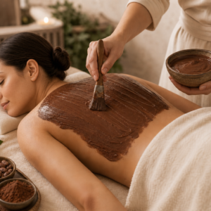 Escena de un tratamiento Ritual Chocoesencia: masaje relajante con aceites esenciales personalizados y envoltura de chocolate caliente, diseñado para hidratar la piel, liberar tensiones y ofrecer una experiencia cálida y reconfortante.