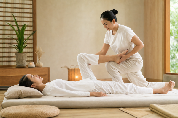 Escena de un masaje tailandés: un terapeuta utilizando manos, codos y pies para aplicar presiones y realizar estiramientos en un tratamiento diseñado para desbloquear energía, aliviar el estrés y mejorar la flexibilidad.