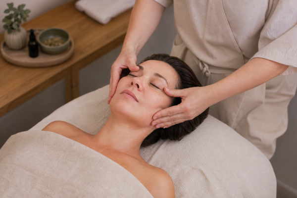 Escena de un masaje facial Kobido: un terapeuta aplicando movimientos precisos en el rostro para mejorar la circulación, tonificar los músculos y prevenir arrugas.