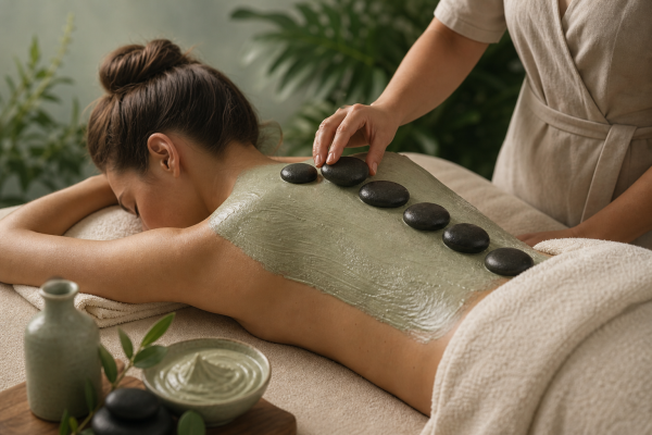 Escena de un tratamiento Ritual Volcánico: exfoliación con partículas minerales volcánicas, envoltura de fango volcánico y un masaje relajante con piedras volcánicas calientes y emulsión de aloe, en un entorno que evoca calma y conexión con la naturaleza.