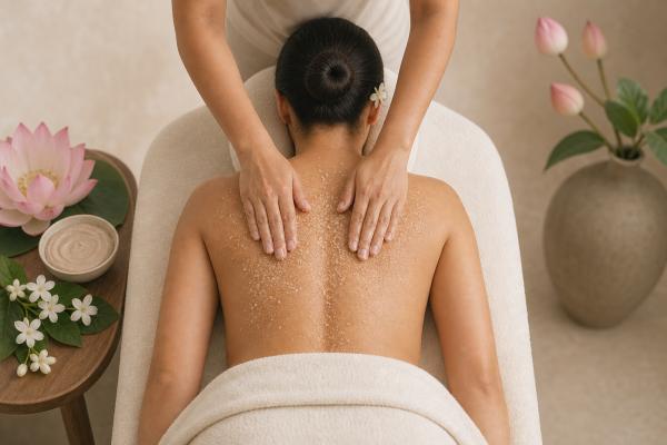 Escena del Ritual Samsara: exfoliación con sal rosa del Himalaya y aceite de kukui, infusión floral de jazmín, flor de loto y rosa, masaje relajante con aceite de kukui y avellana, y envoltura hidratante de jazmín y caléndula.