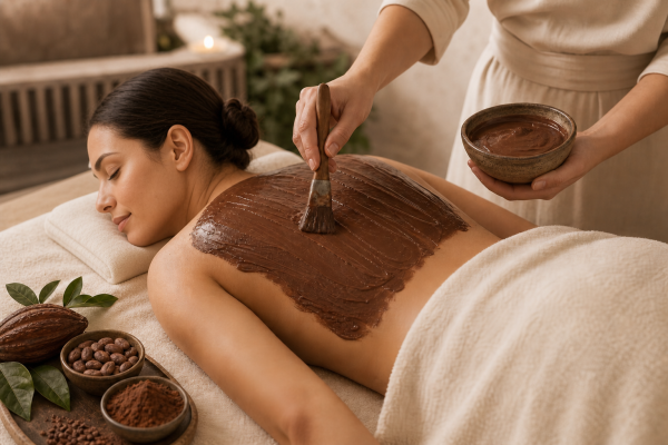 Escena de un tratamiento Ritual Chocoesencia: masaje relajante con aceites esenciales personalizados y envoltura de chocolate caliente, diseñado para hidratar la piel, liberar tensiones y ofrecer una experiencia cálida y reconfortante.